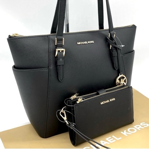 Michael Kors Charlotte Tote & Double Zip Wallet Black/Gold - Picture 2 of 10